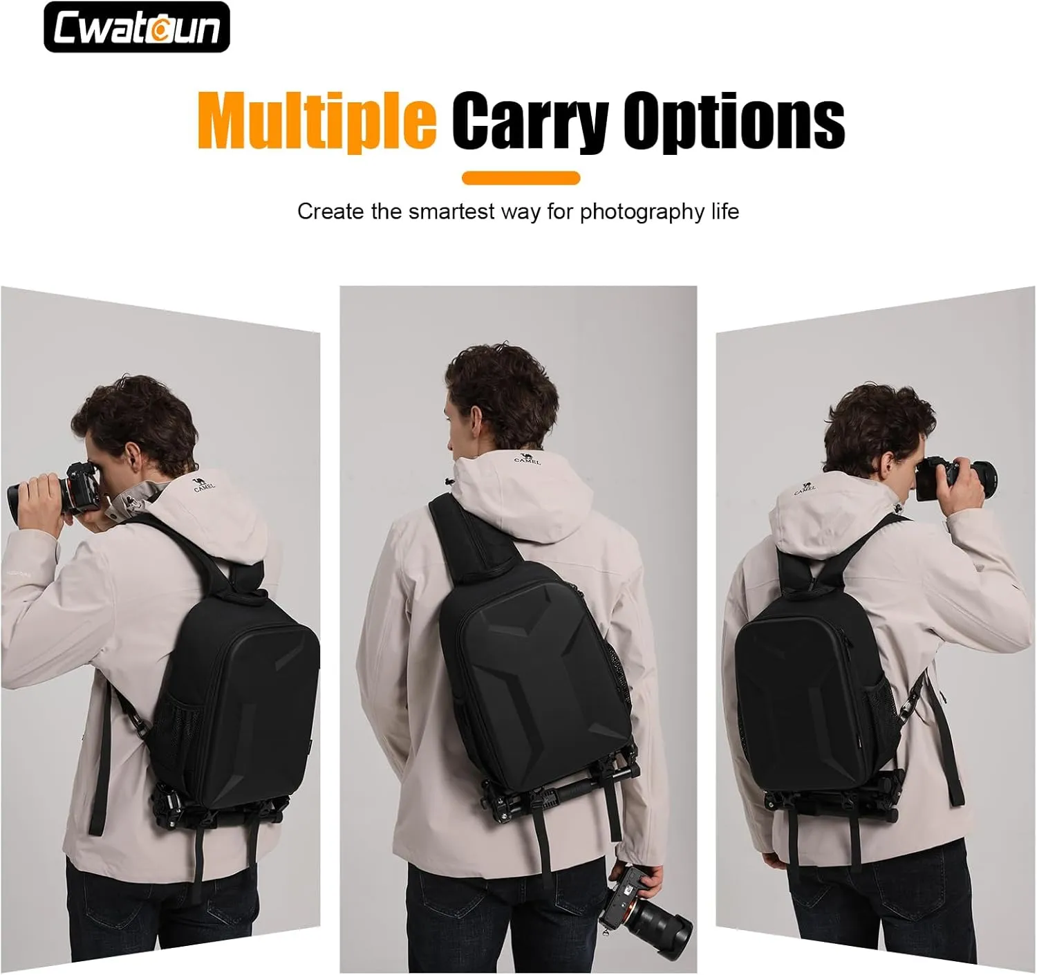 Cwatcun 2 in1 Camera Sling Bag, Camera Backpack, Shockproof Hardshell Camera Bag with Tripod Holder, Rain Cover, Polyester Camera Case for Canon Nikon Sony Fuji DSLR SLR Mirrorless Camera & Lenses