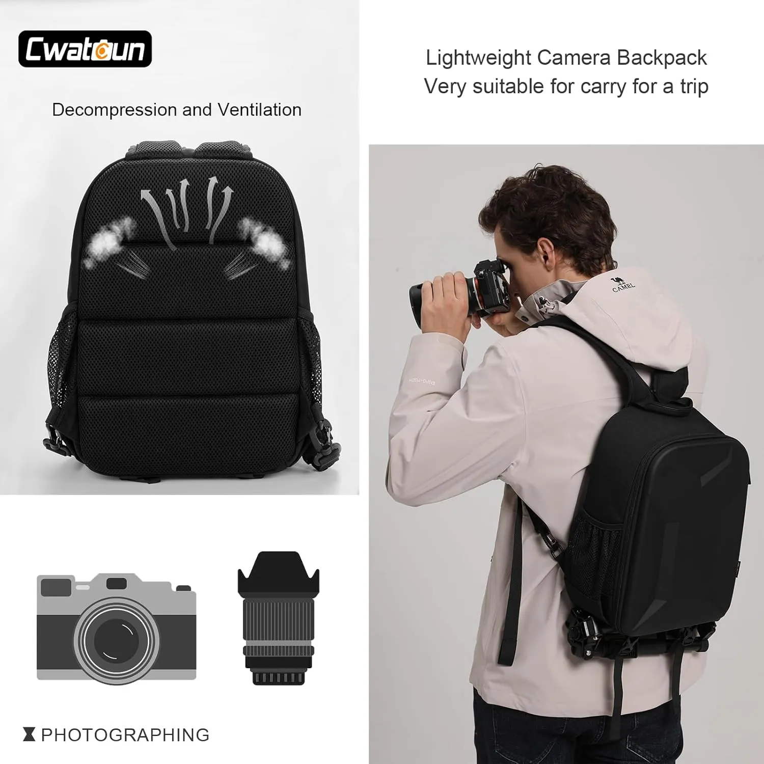 Cwatcun 2 in1 Camera Sling Bag, Camera Backpack, Shockproof Hardshell Camera Bag with Tripod Holder, Rain Cover, Polyester Camera Case for Canon Nikon Sony Fuji DSLR SLR Mirrorless Camera & Lenses