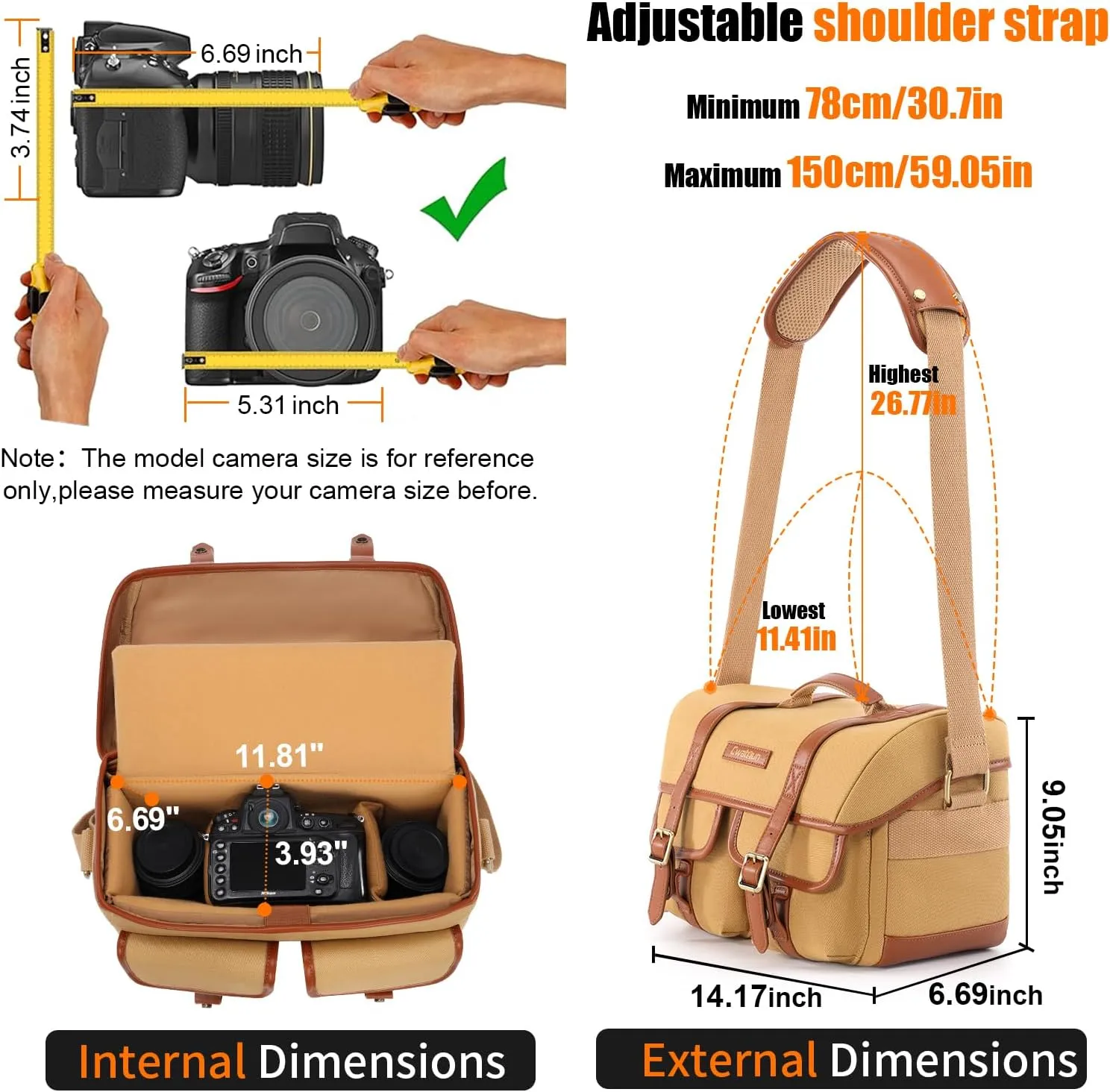Cwatcun Canvas Camera Bag with Leather Trim,Vintage Aesthetic Camera Shoulder Messenger Bag Crossbody with luggage strap Compatible for Nikon, Canon, Sony Fuji DSLR/SLR Mirrorless Camera,Lenses,Khaki