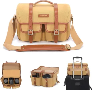 Cwatcun Canvas Camera Bag with Leather Trim,Vintage Aesthetic Camera Shoulder Messenger Bag Crossbody with luggage strap Compatible for Nikon, Canon, Sony Fuji DSLR/SLR Mirrorless Camera,Lenses,Khaki