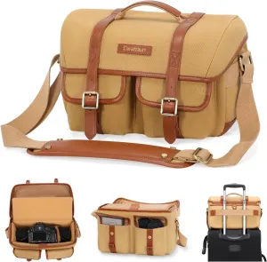 Cwatcun Canvas Camera Bag with Leather Trim,Vintage Aesthetic Camera Shoulder Messenger Bag Crossbody with luggage strap Compatible for Nikon, Canon, Sony Fuji DSLR/SLR Mirrorless Camera,Lenses,Khaki