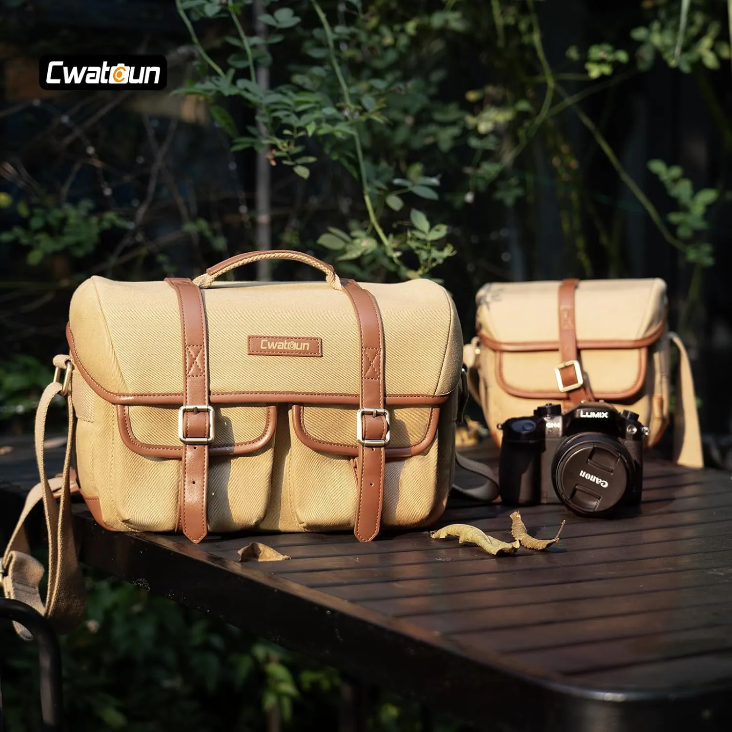 Cwatcun Canvas Camera Bag with Leather Trim,Vintage Aesthetic Camera Shoulder Messenger Bag Crossbody with luggage strap Compatible for Nikon, Canon, Sony Fuji DSLR/SLR Mirrorless Camera,Lenses,Khaki