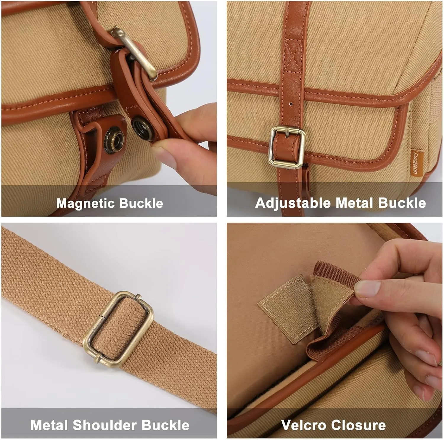 Cwatcun Canvas Camera Bag with Leather Trim,Vintage Aesthetic Camera Shoulder Messenger Bag Crossbody with luggage strap Compatible for Nikon, Canon, Sony Fuji DSLR/SLR Mirrorless Camera,Lenses,Khaki