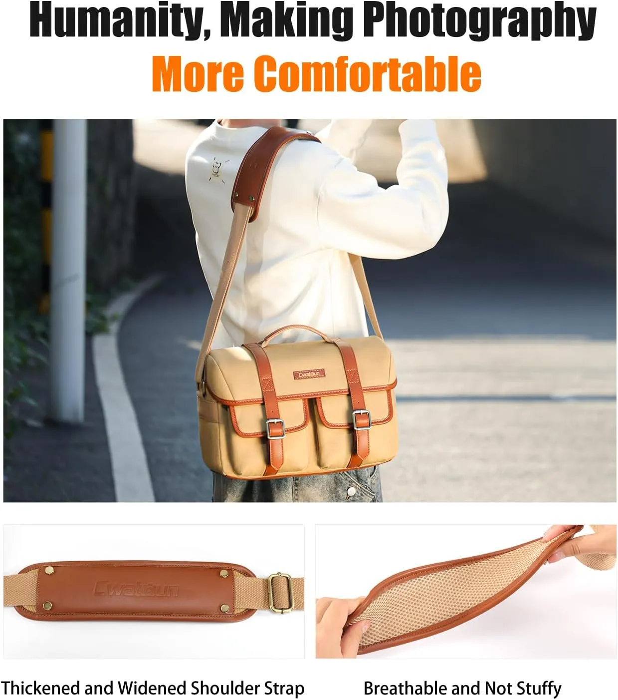 Cwatcun Canvas Camera Bag with Leather Trim,Vintage Aesthetic Camera Shoulder Messenger Bag Crossbody with luggage strap Compatible for Nikon, Canon, Sony Fuji DSLR/SLR Mirrorless Camera,Lenses,Khaki