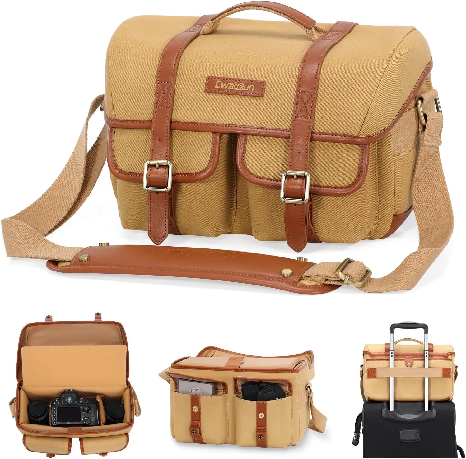 Cwatcun Canvas Camera Bag with Leather Trim,Vintage Aesthetic Camera Shoulder Messenger Bag Crossbody with luggage strap Compatible for Nikon, Canon, Sony Fuji DSLR/SLR Mirrorless Camera,Lenses,Khaki
