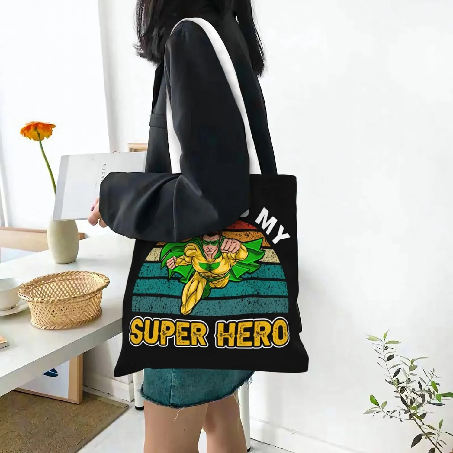 Dad Is My Super Hero Father's Day Canvas Tote Bag for Women Reusable Grocery Shoulder Bags Shopping Handbags