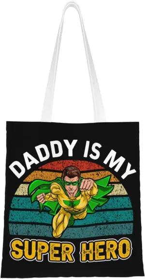 Dad Is My Super Hero Father's Day Canvas Tote Bag for Women Reusable Grocery Shoulder Bags Shopping Handbags
