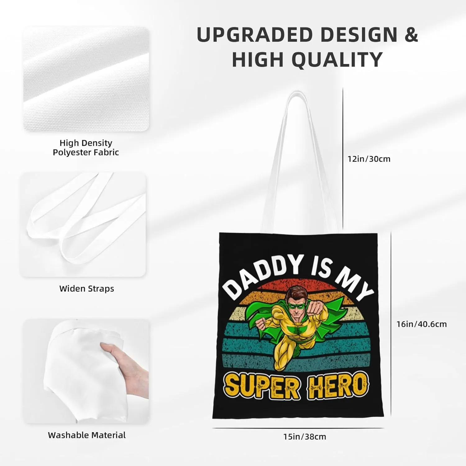Dad Is My Super Hero Father's Day Canvas Tote Bag for Women Reusable Grocery Shoulder Bags Shopping Handbags