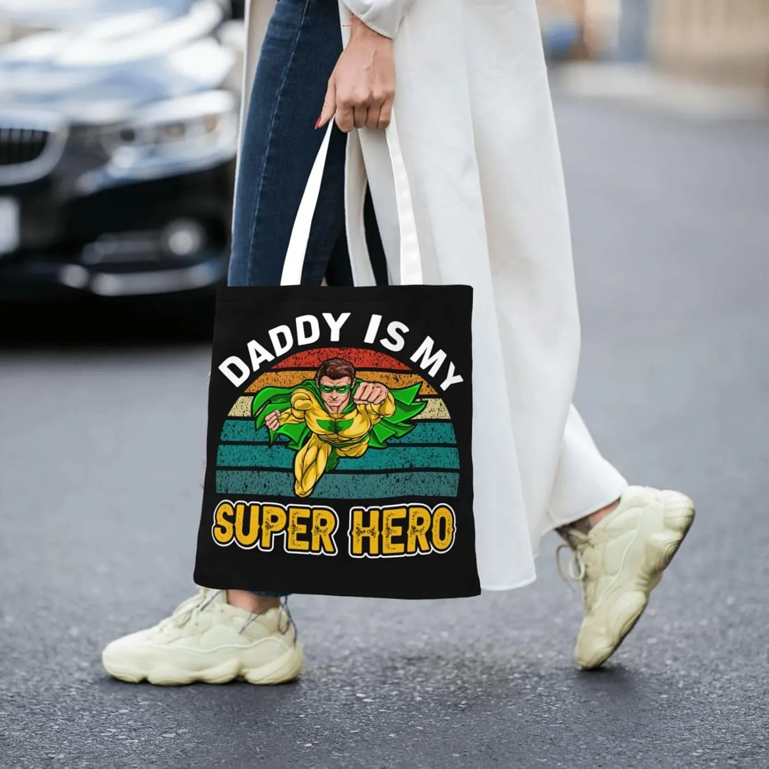 Dad Is My Super Hero Father's Day Canvas Tote Bag for Women Reusable Grocery Shoulder Bags Shopping Handbags
