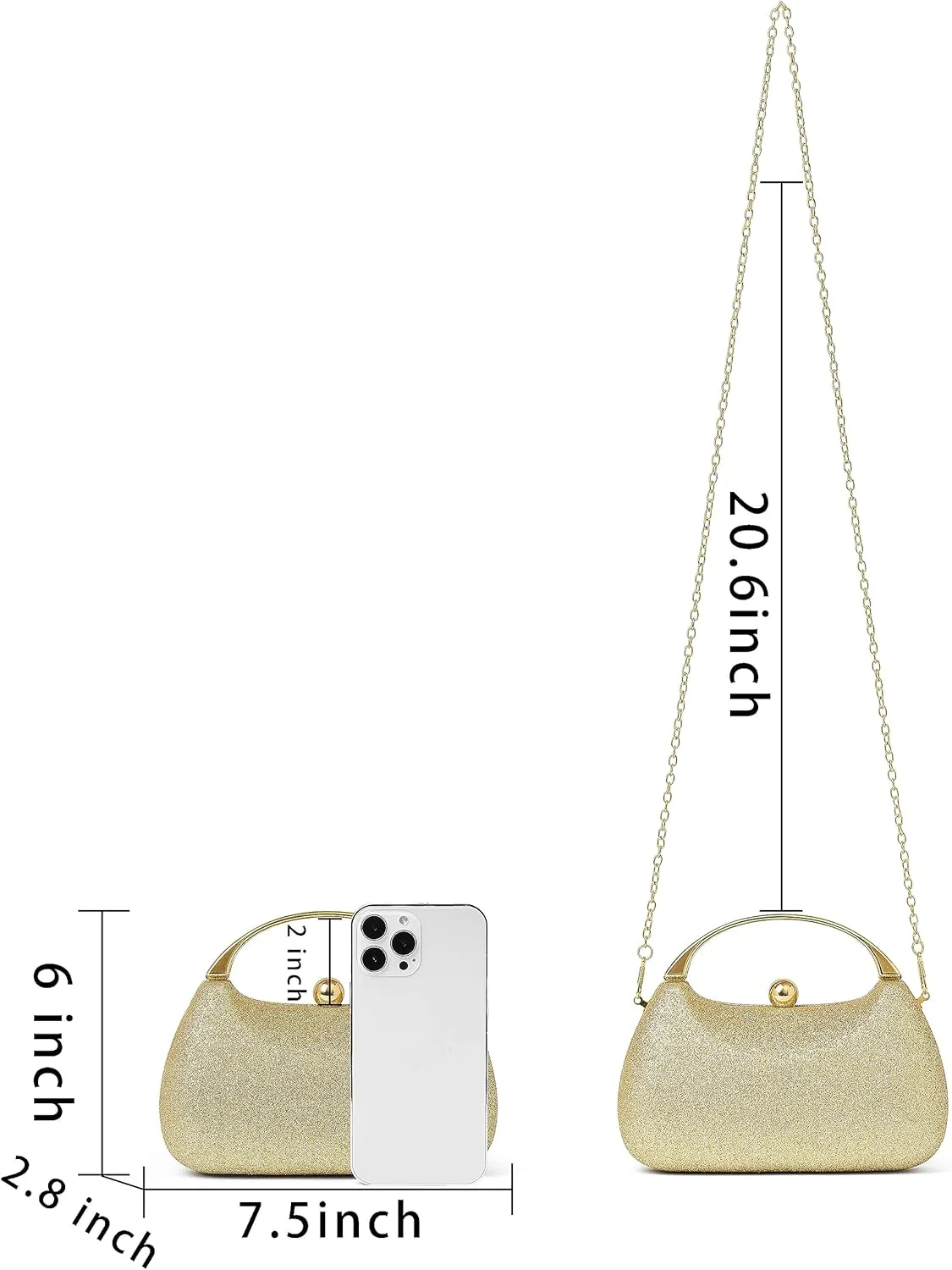 Daiblueland Metal Handle Evening Bag Formal Moon Shaped Party And Wedding Clutch Purse With Crossbody Chain