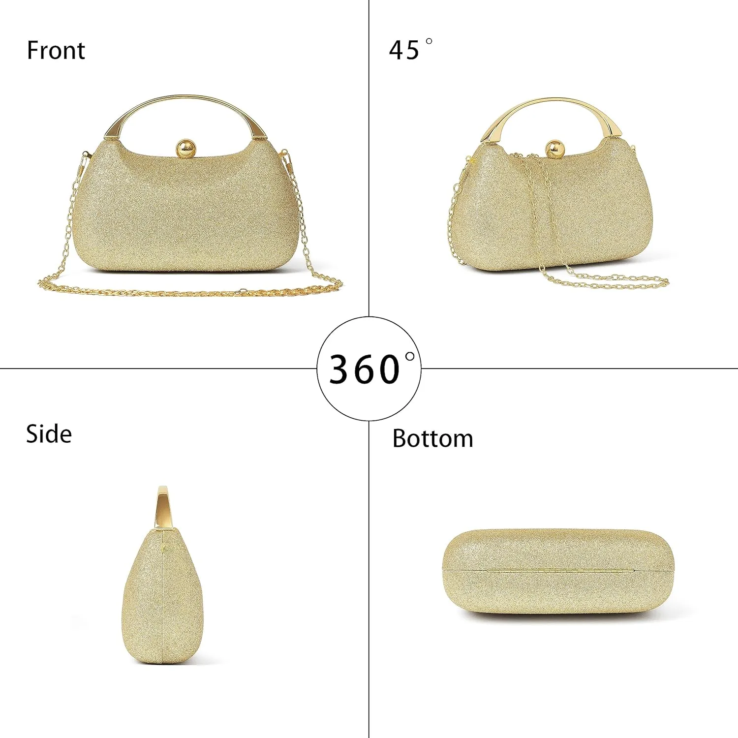 Daiblueland Metal Handle Evening Bag Formal Moon Shaped Party And Wedding Clutch Purse With Crossbody Chain