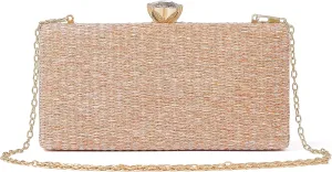 Daiblueland Straw Evening Purse For Women Elegant Hand Woven Top Handle Party Bag With Metal Chain