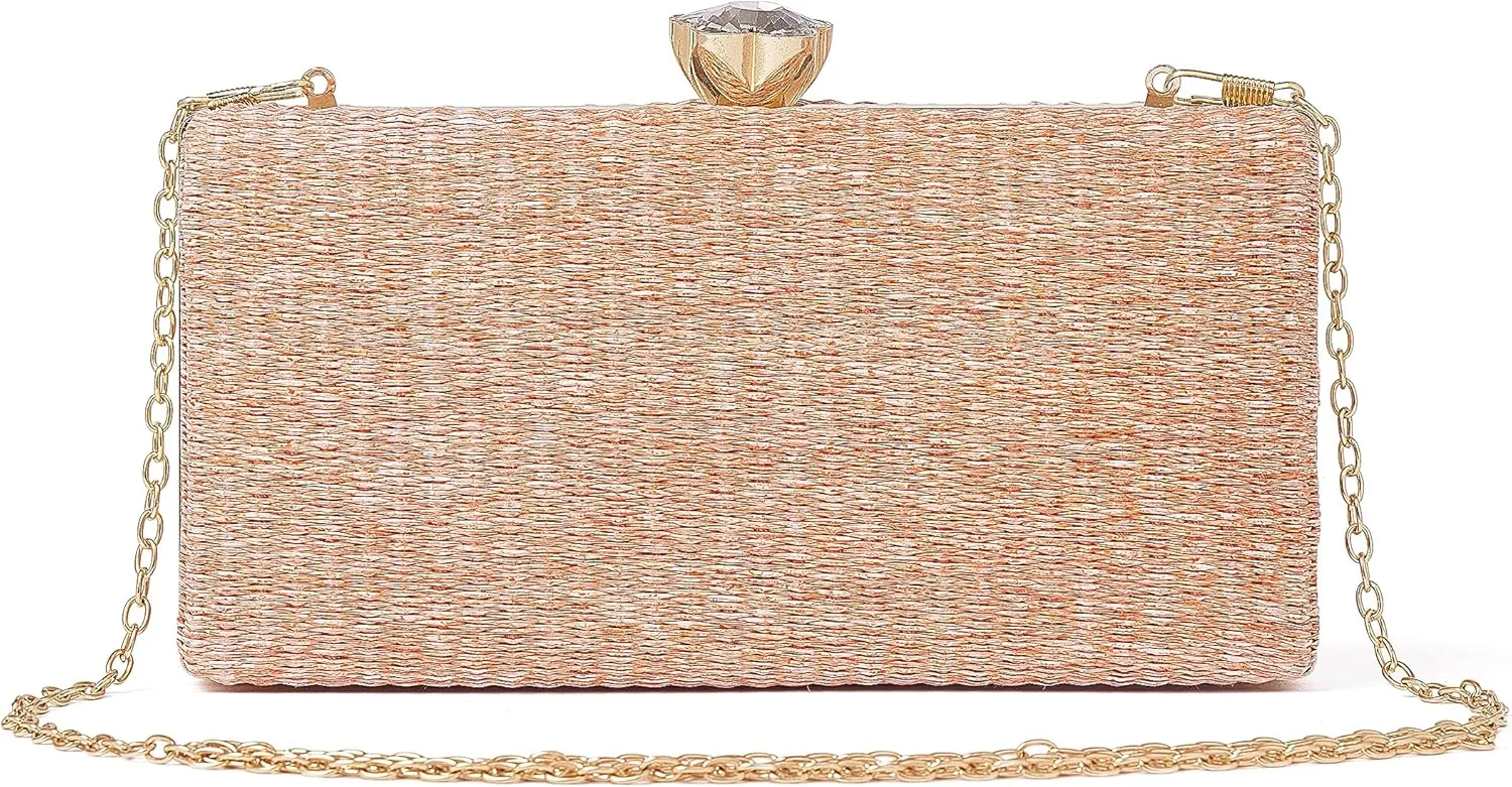 Daiblueland Straw Evening Purse For Women Elegant Hand Woven Top Handle Party Bag With Metal Chain