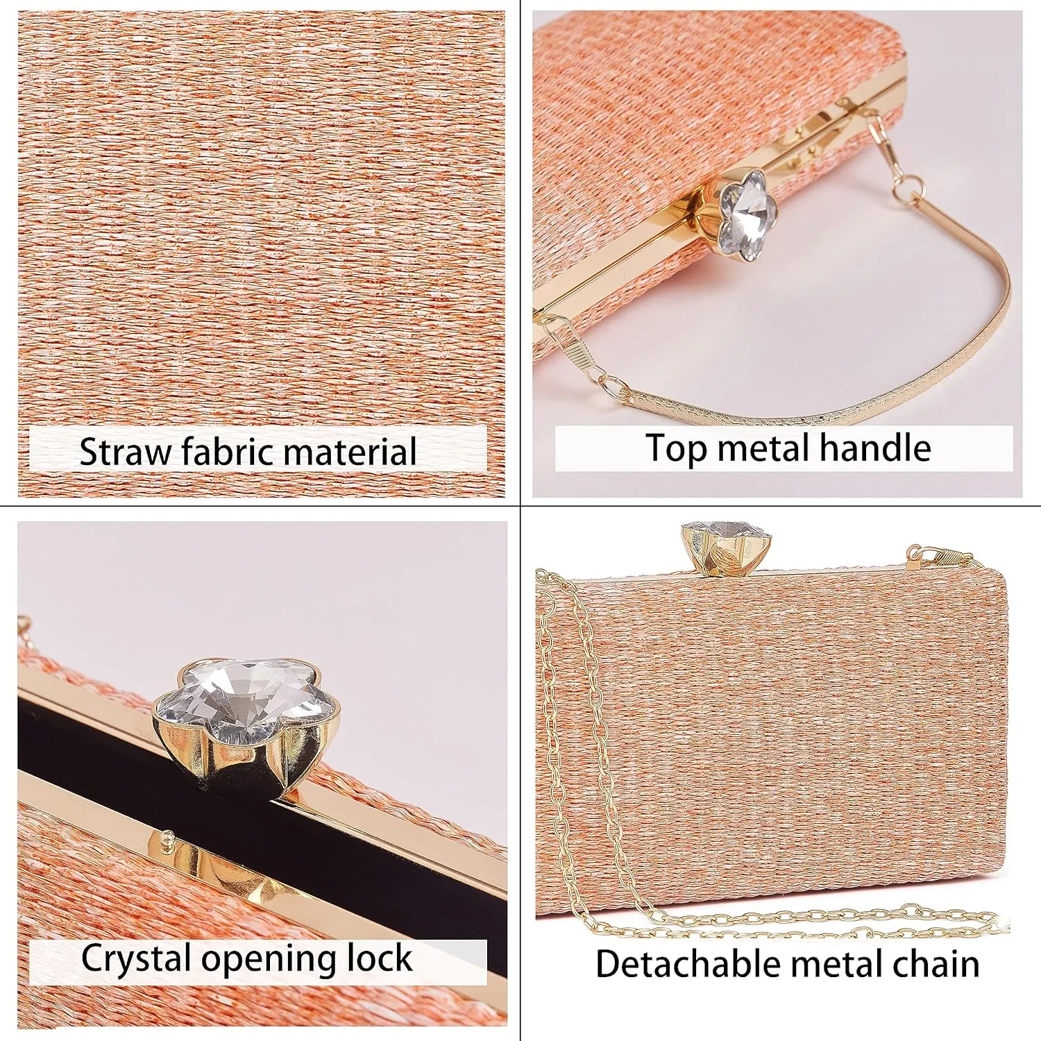 Daiblueland Straw Evening Purse For Women Elegant Hand Woven Top Handle Party Bag With Metal Chain