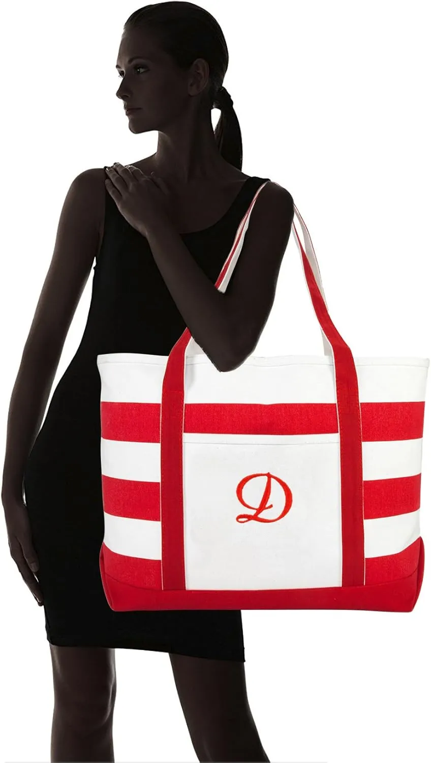 DALIX Beach Tote Bag Shoulder Bags Striped Monogrammed Red Ballent Letter A - Z