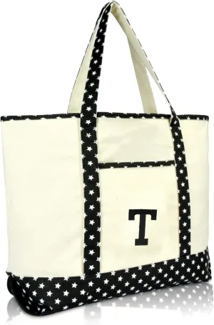 DALIX Initial Tote Bag Personalized Monogram Black Star Zippered Top Letter - T