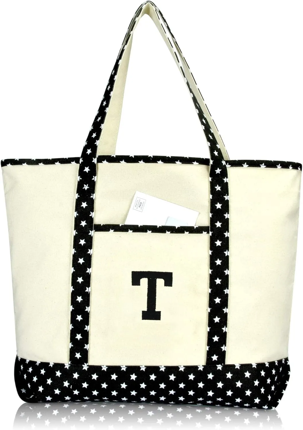 DALIX Initial Tote Bag Personalized Monogram Black Star Zippered Top Letter - T