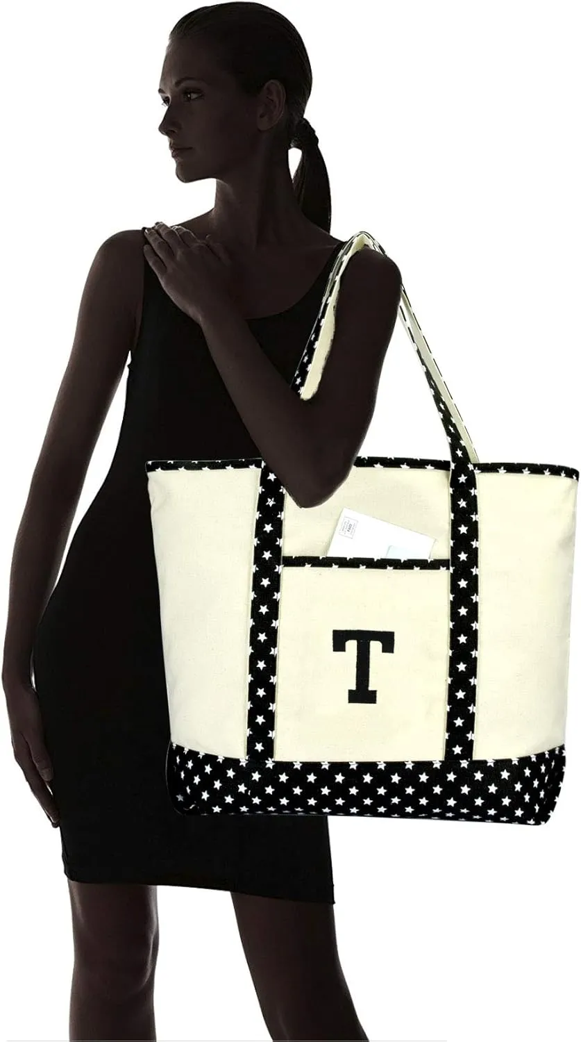 DALIX Initial Tote Bag Personalized Monogram Black Star Zippered Top Letter - T