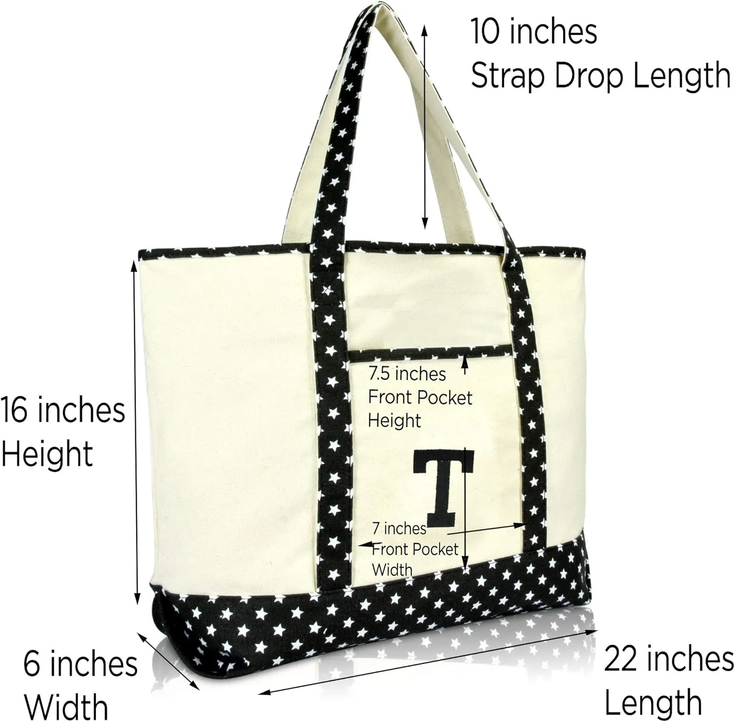 DALIX Initial Tote Bag Personalized Monogram Black Star Zippered Top Letter - T
