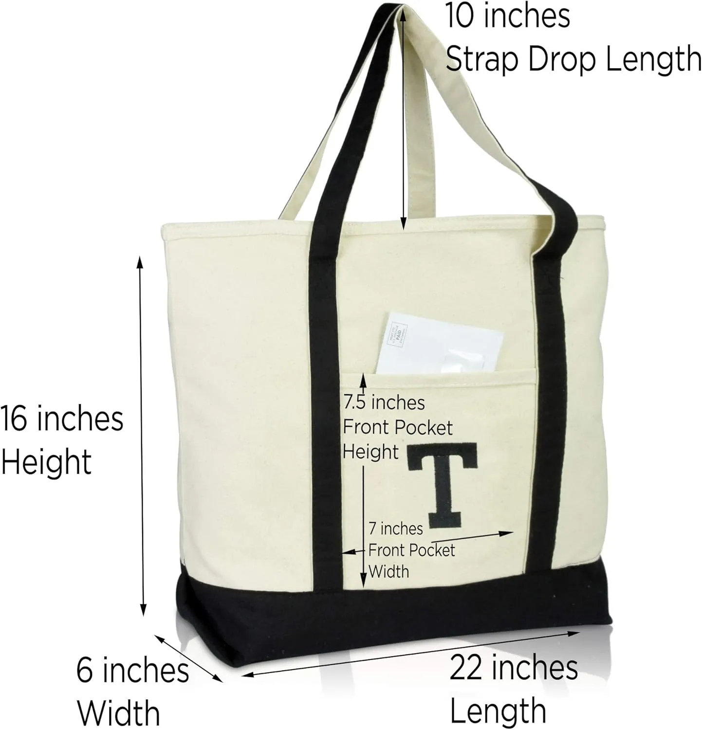 DALIX Initial Tote Bag Personalized Monogram Black Zippered Top Letter - T