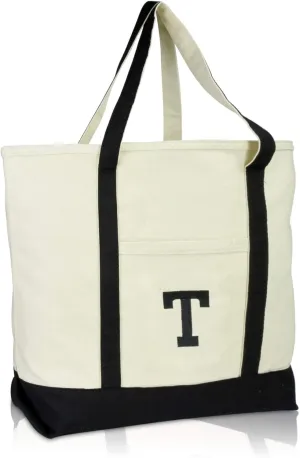 DALIX Initial Tote Bag Personalized Monogram Black Zippered Top Letter - T