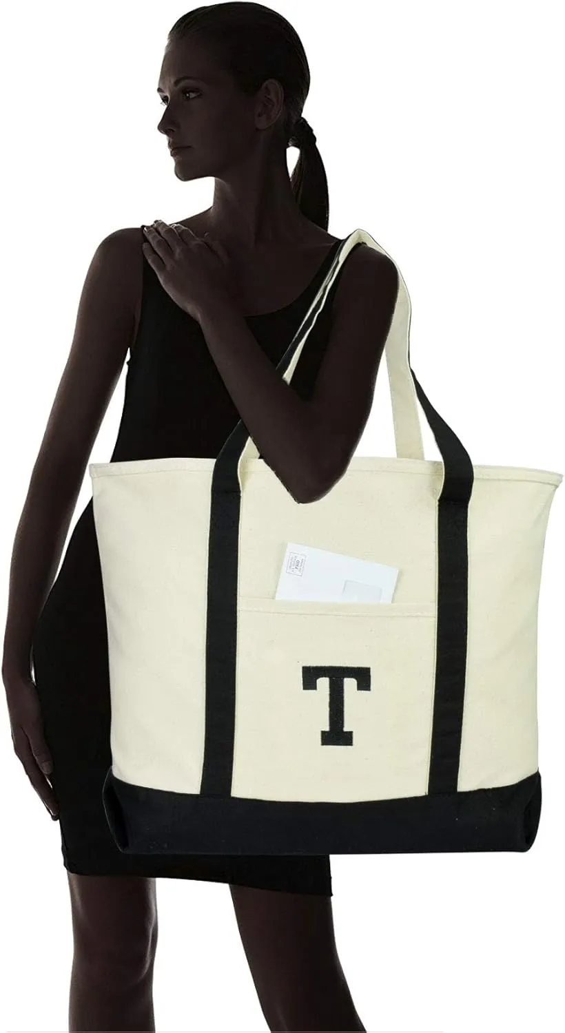 DALIX Initial Tote Bag Personalized Monogram Black Zippered Top Letter - T