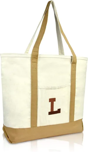 DALIX Initial Tote Bag Personalized Monogram Brown Zippered Top Bold Letter - L