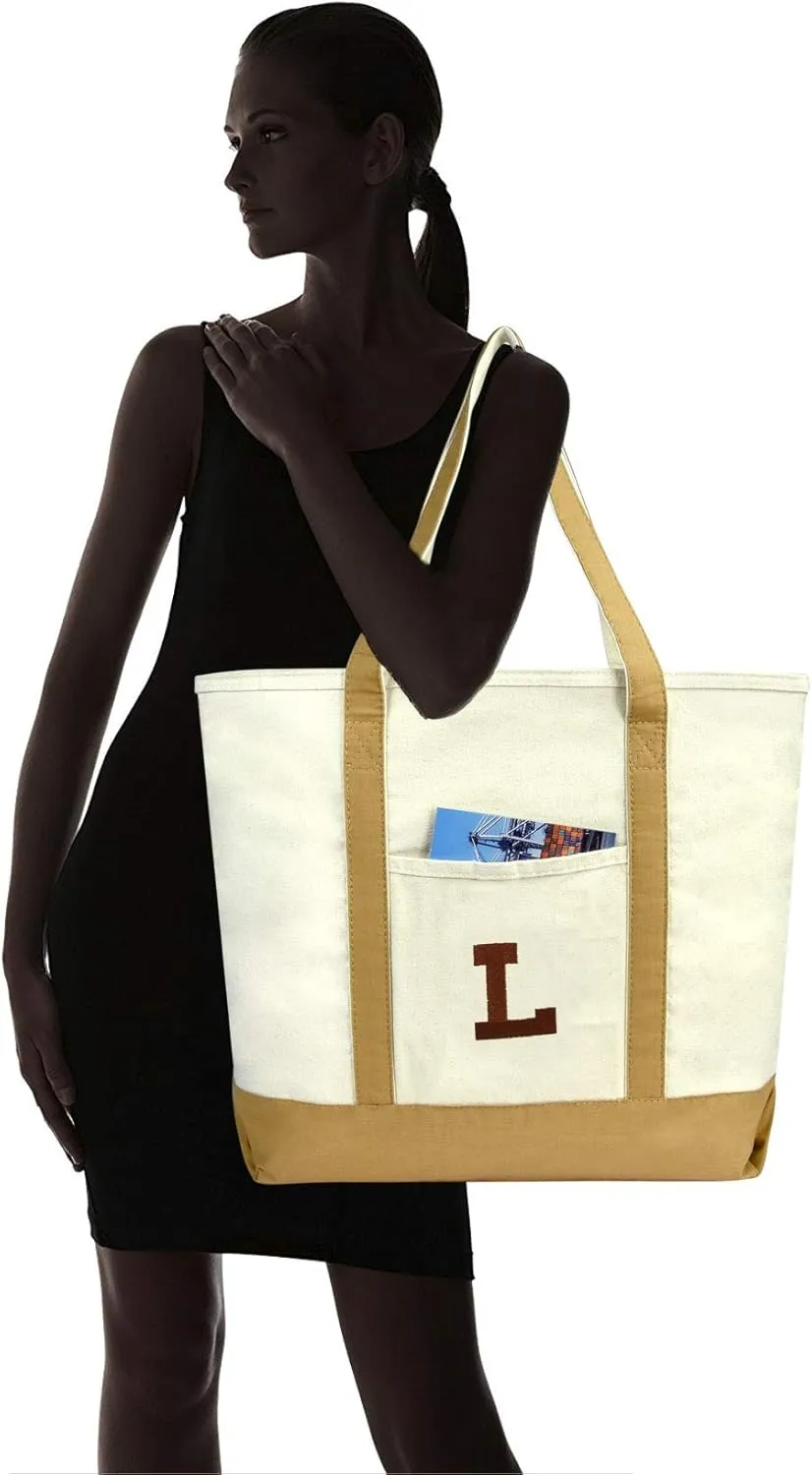 DALIX Initial Tote Bag Personalized Monogram Brown Zippered Top Bold Letter - L