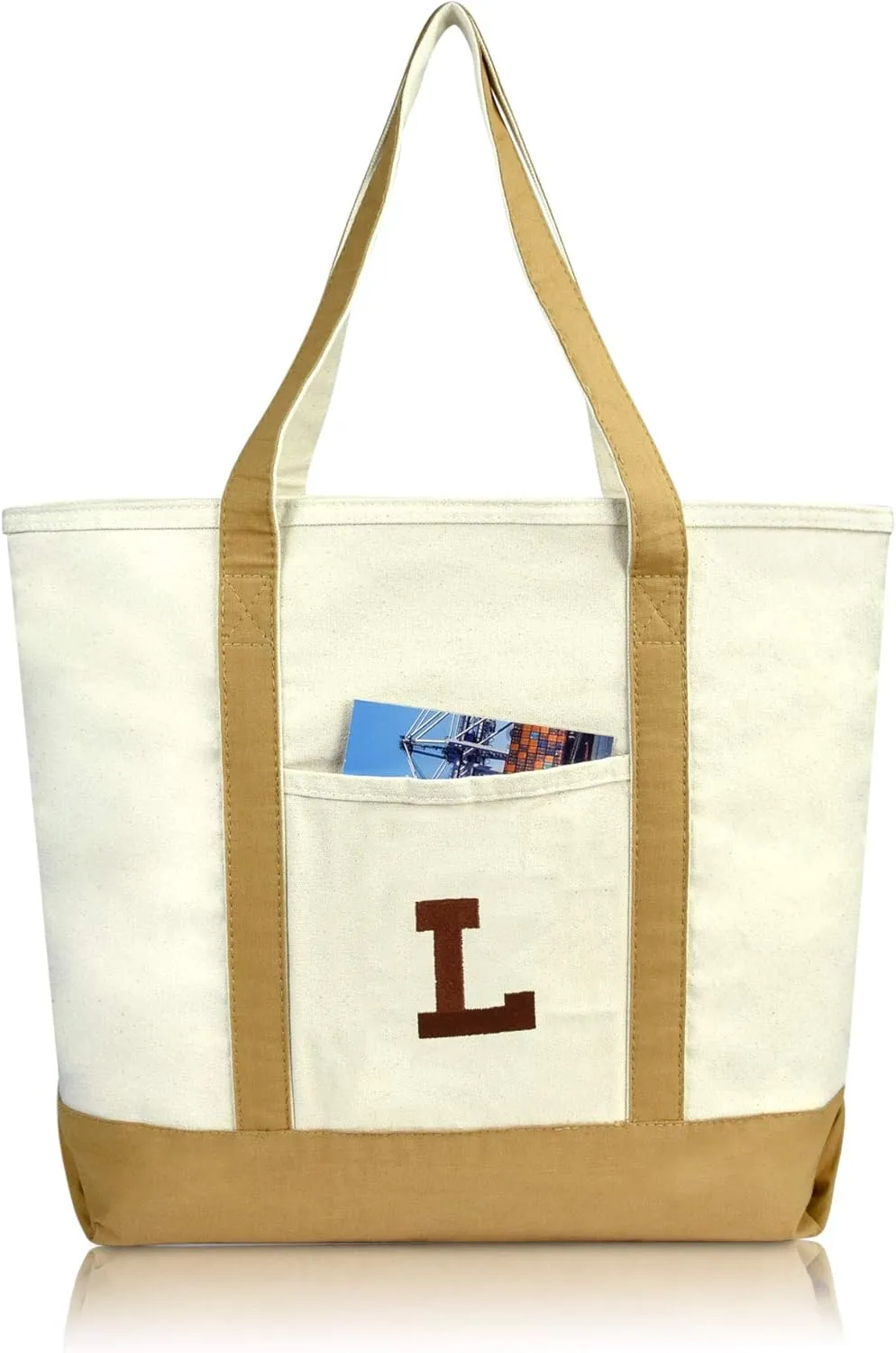 DALIX Initial Tote Bag Personalized Monogram Brown Zippered Top Bold Letter - L