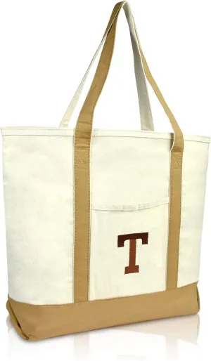 DALIX Initial Tote Bag Personalized Monogram Brown Zippered Top Bold Letter - T