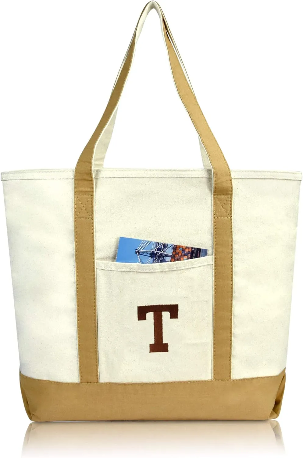 DALIX Initial Tote Bag Personalized Monogram Brown Zippered Top Bold Letter - T