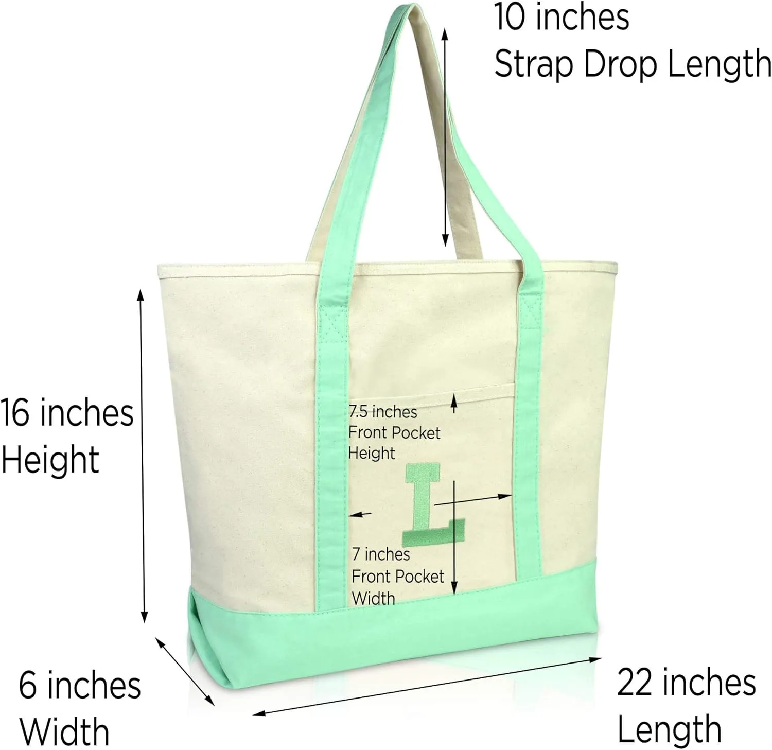 DALIX Initial Tote Bag Personalized Monogram Mint Green Zippered Top Letter - L