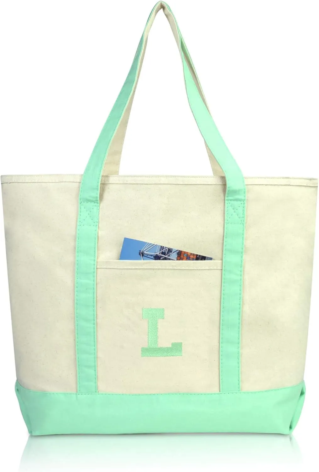 DALIX Initial Tote Bag Personalized Monogram Mint Green Zippered Top Letter - L