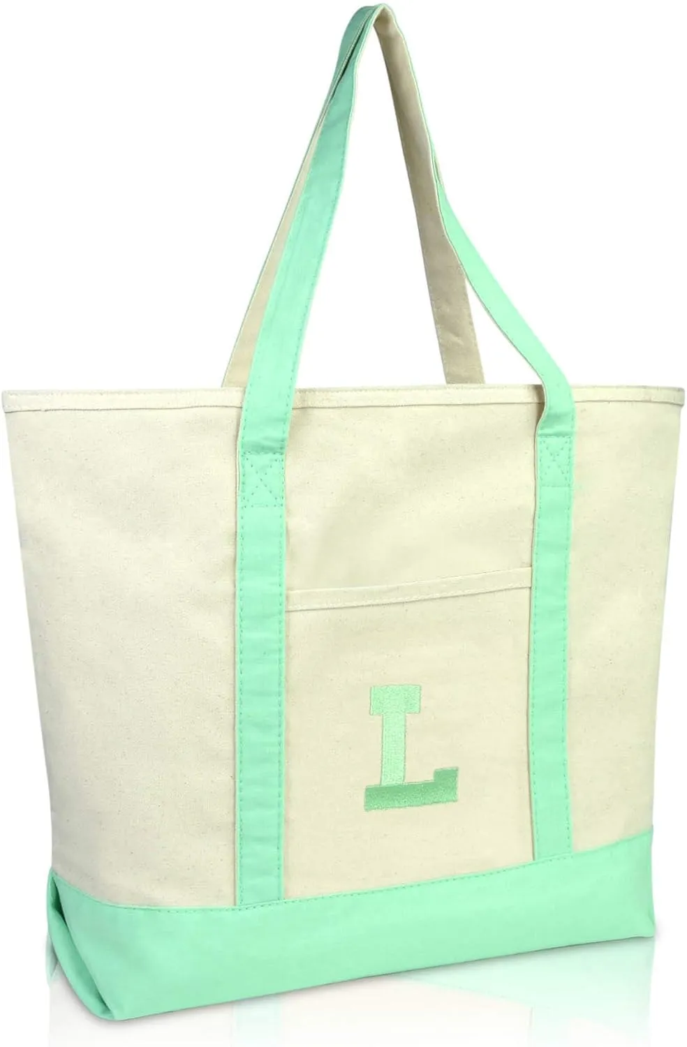 DALIX Initial Tote Bag Personalized Monogram Mint Green Zippered Top Letter - L