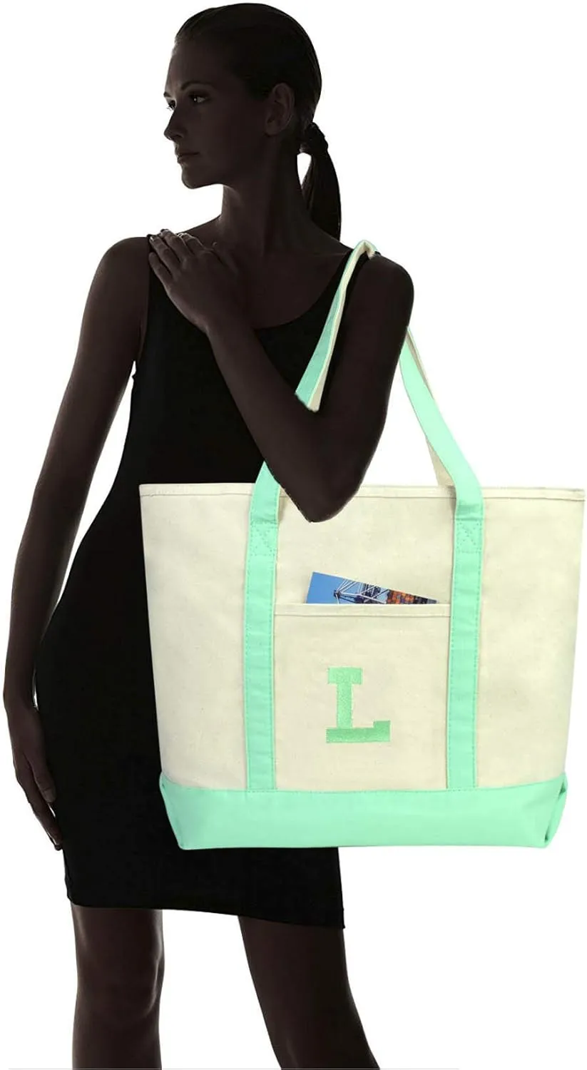 DALIX Initial Tote Bag Personalized Monogram Mint Green Zippered Top Letter - L