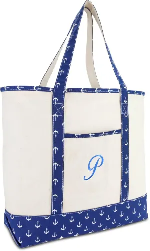 DALIX Large Tote Bag Shoulder Bags Personalized Gifts Ballent Blue Anchor A - Z