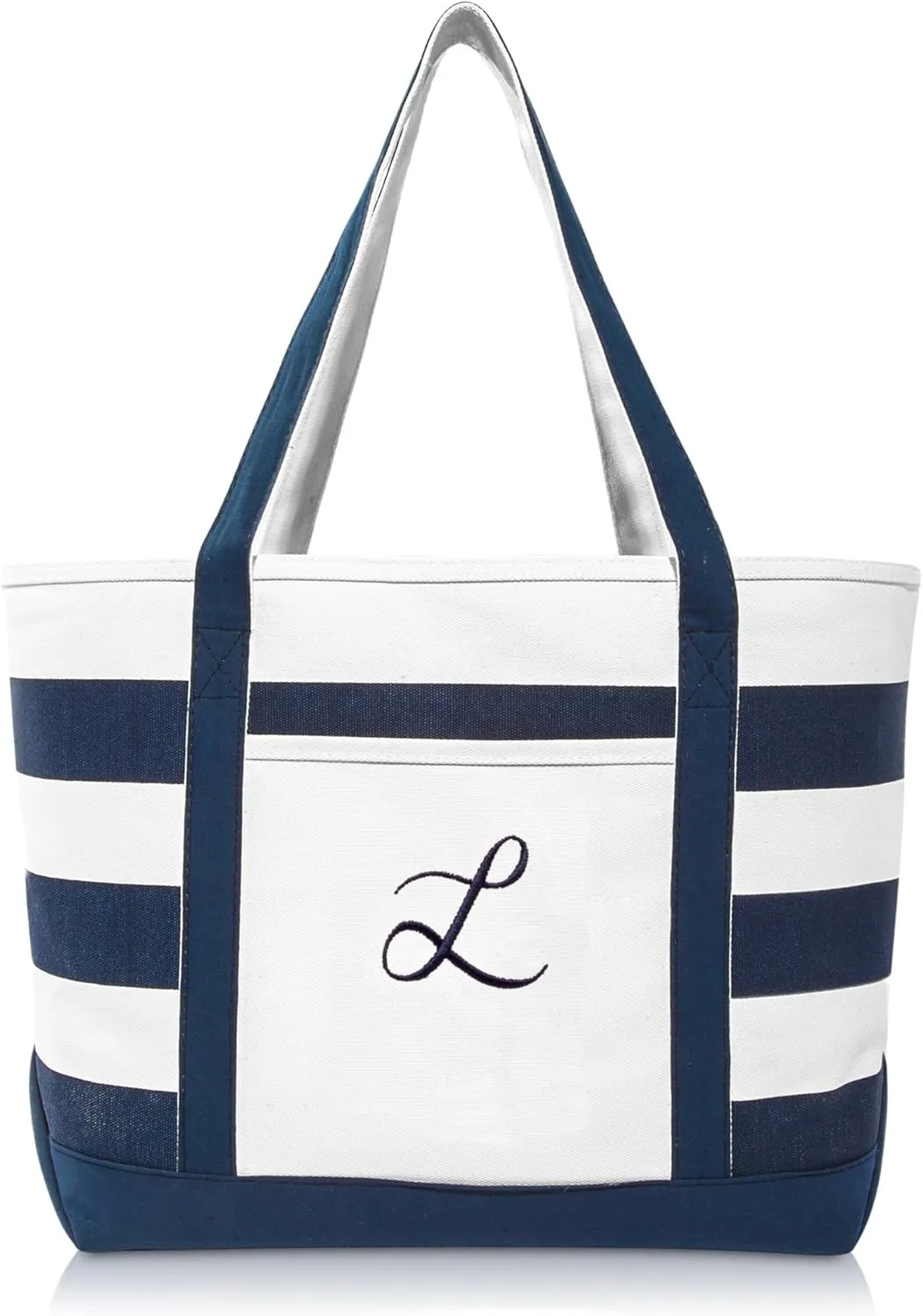 DALIX Premium Beach Bags Striped Navy Blue Zippered Tote Bag Monogrammed A - Z