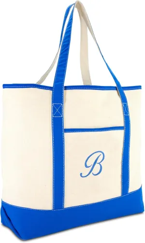 DALIX Women's Canvas Tote Bag Satchel Shoulder Bags Royal Blue Monogram A-Z