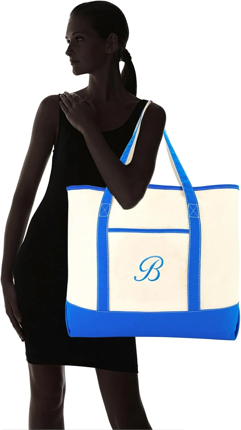 DALIX Women's Canvas Tote Bag Satchel Shoulder Bags Royal Blue Monogram A-Z