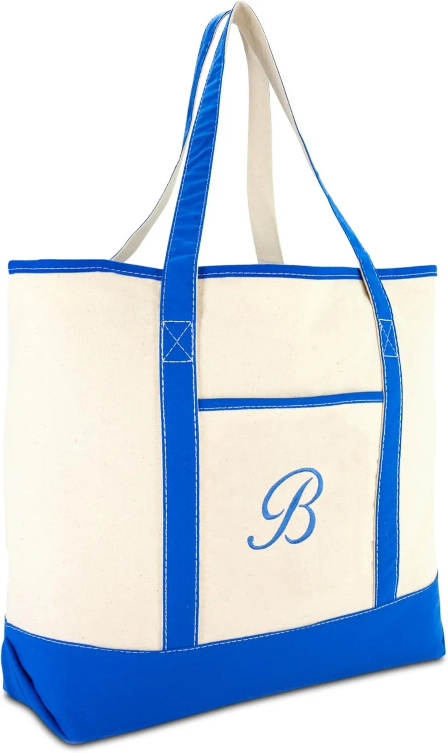 DALIX Women's Canvas Tote Bag Satchel Shoulder Bags Royal Blue Monogram A-Z