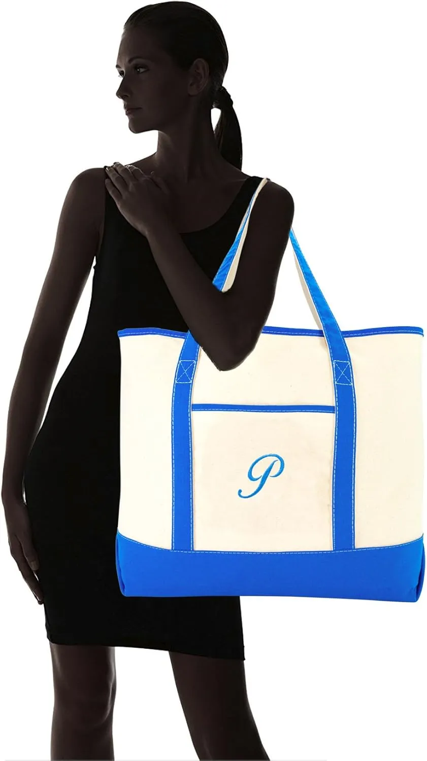 DALIX Women's Canvas Tote Bag Satchel Shoulder Bags Royal Blue Monogram A-Z