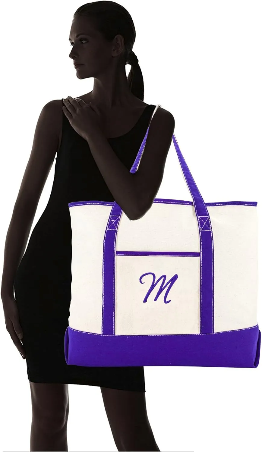DALIX Women's Canvas Tote Bag Shoulder Bags Open Top Purple Monogram A-Z