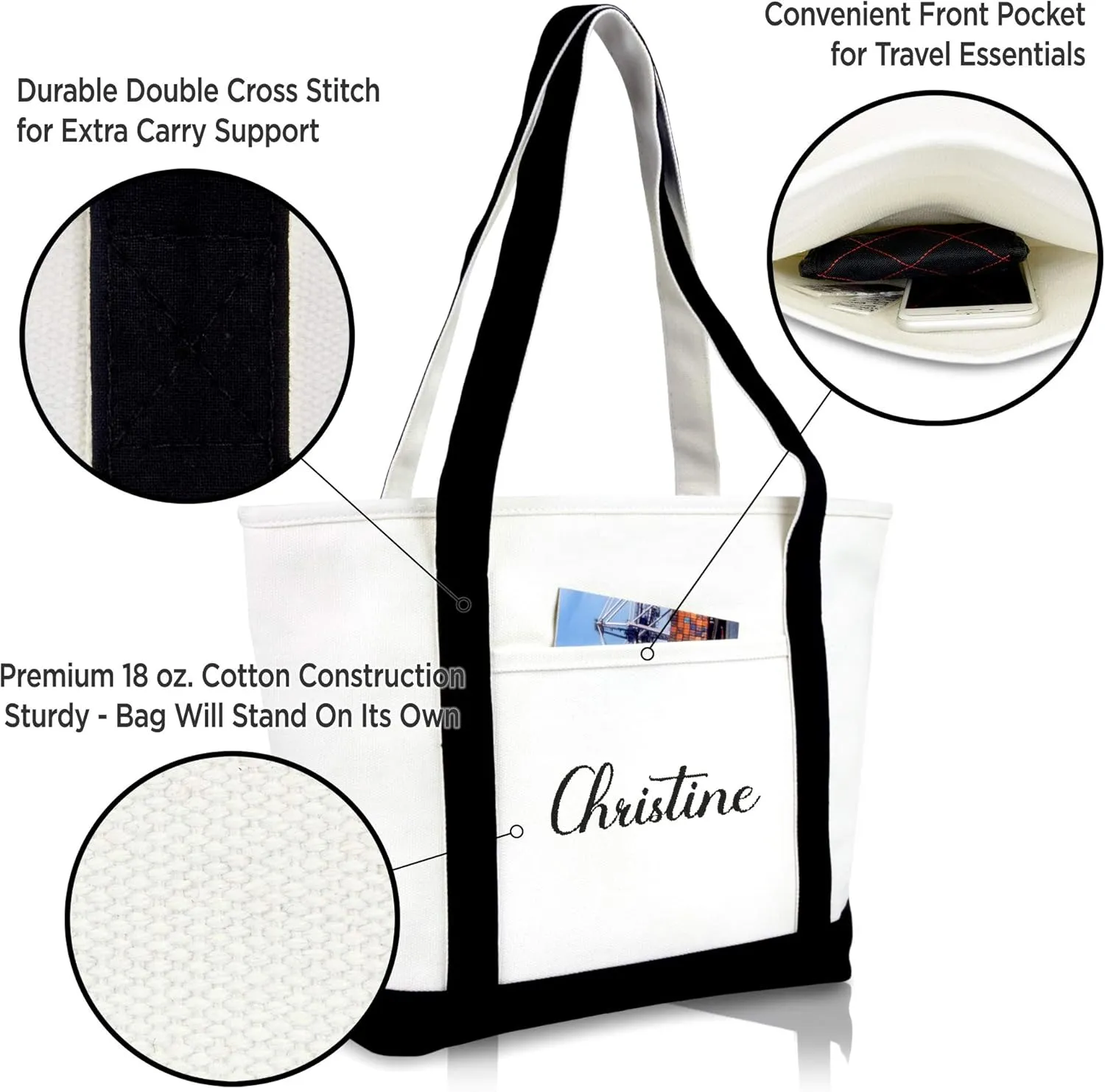 DALIX Womens Custom Names Monogrammed Premium Embroidered Tote Bag