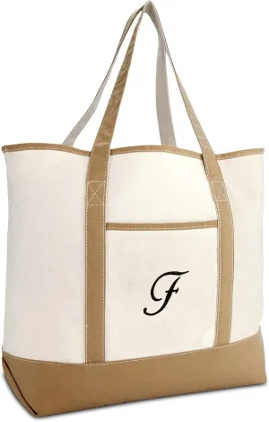 DALIX Women's Natural Tote Bag Shoulder Bags Brown With Monogram Letter A - Z