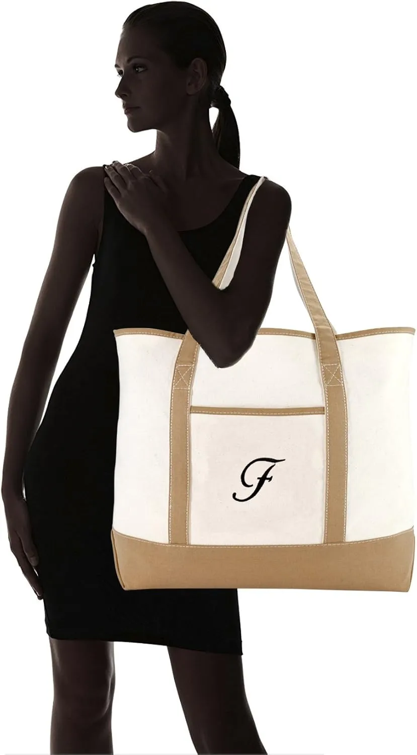 DALIX Women's Natural Tote Bag Shoulder Bags Brown With Monogram Letter A - Z