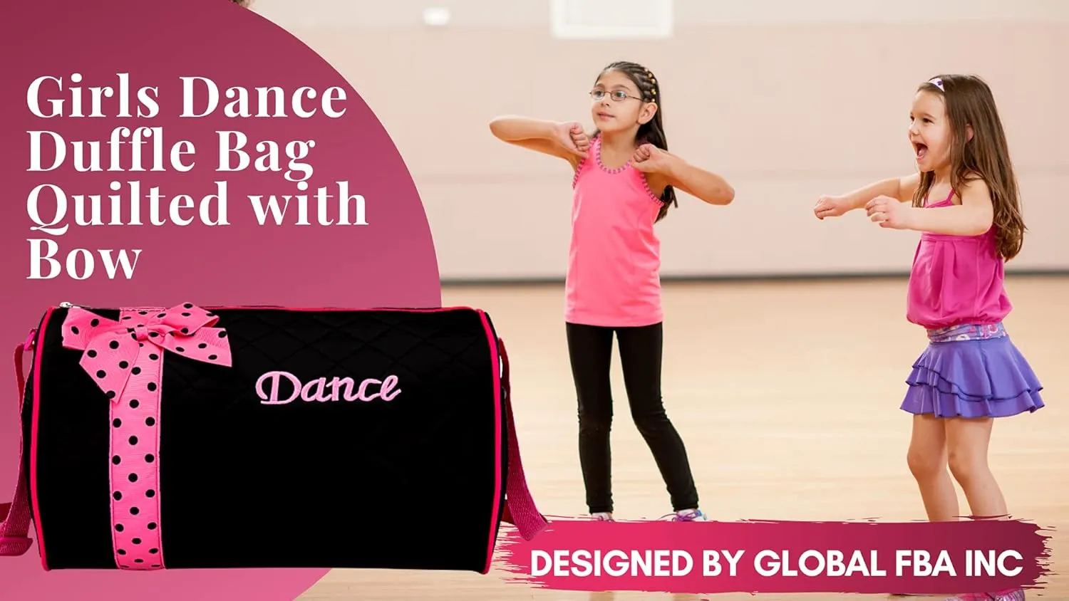 Dance Duffle Bag for Girls, Kids Travel Bag with Adjustable Carry On and Handy Pouch, Dance Accessories For Girls (Black/Pink)