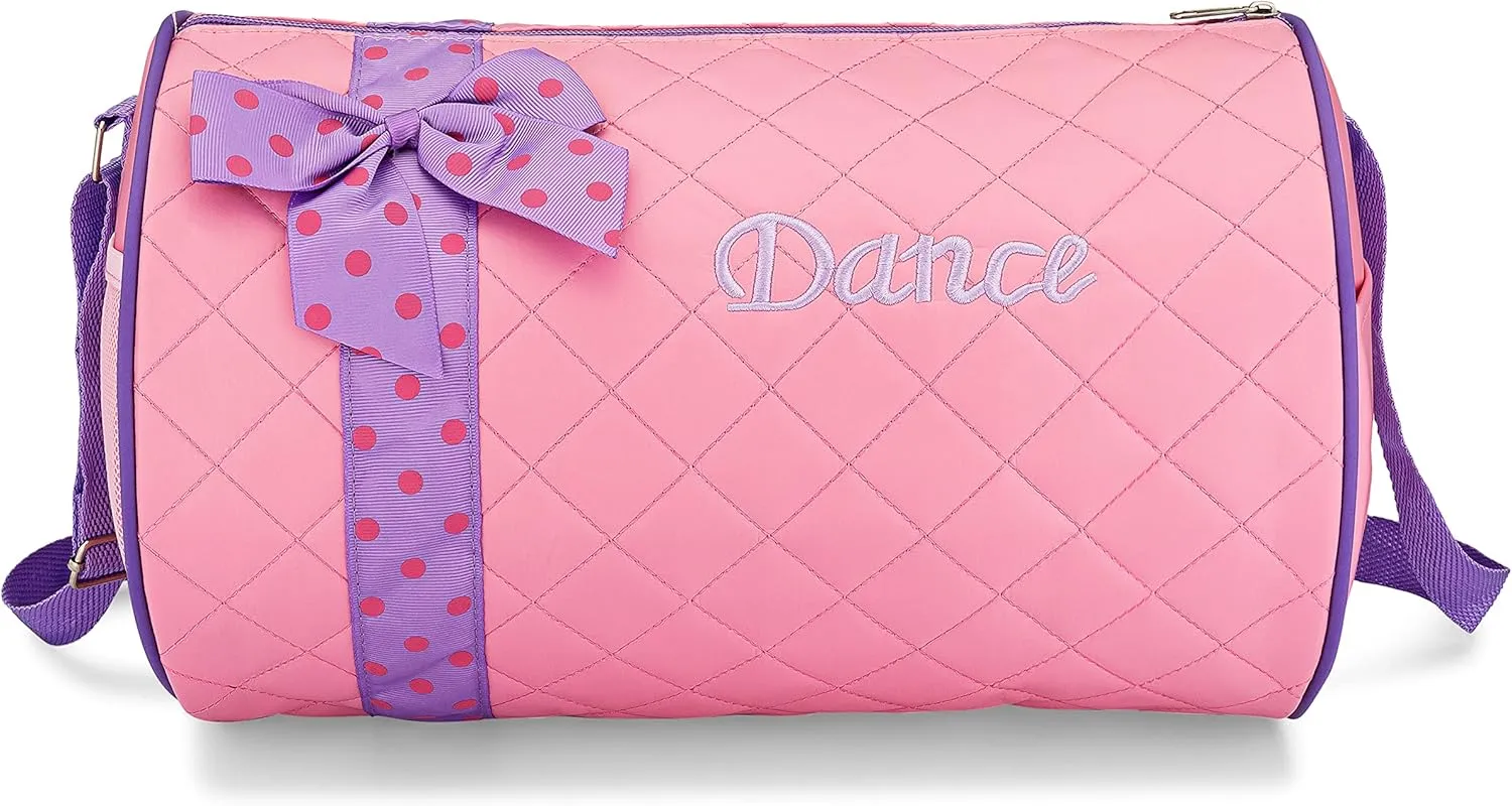 Dance Duffle Bag for Girls, Kids Travel Bag with Adjustable Carry On and Handy Pouch, Dance Accessories For Girls (Pink/Lavender)