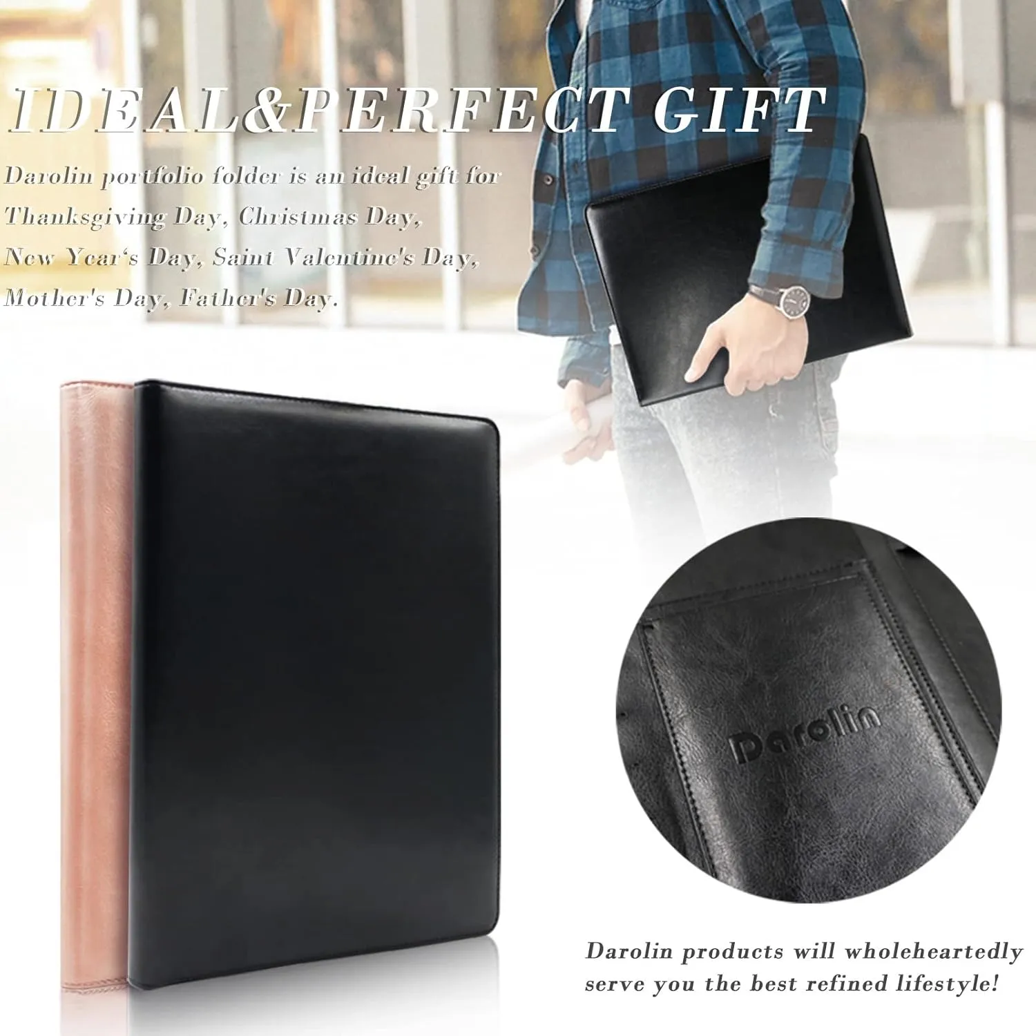 Darolin Business/Resume Padfolio with 3 Ring Binder, Interview/Conference/Legal Document Organizer, Leather Portfolio for Women/Men - Black
