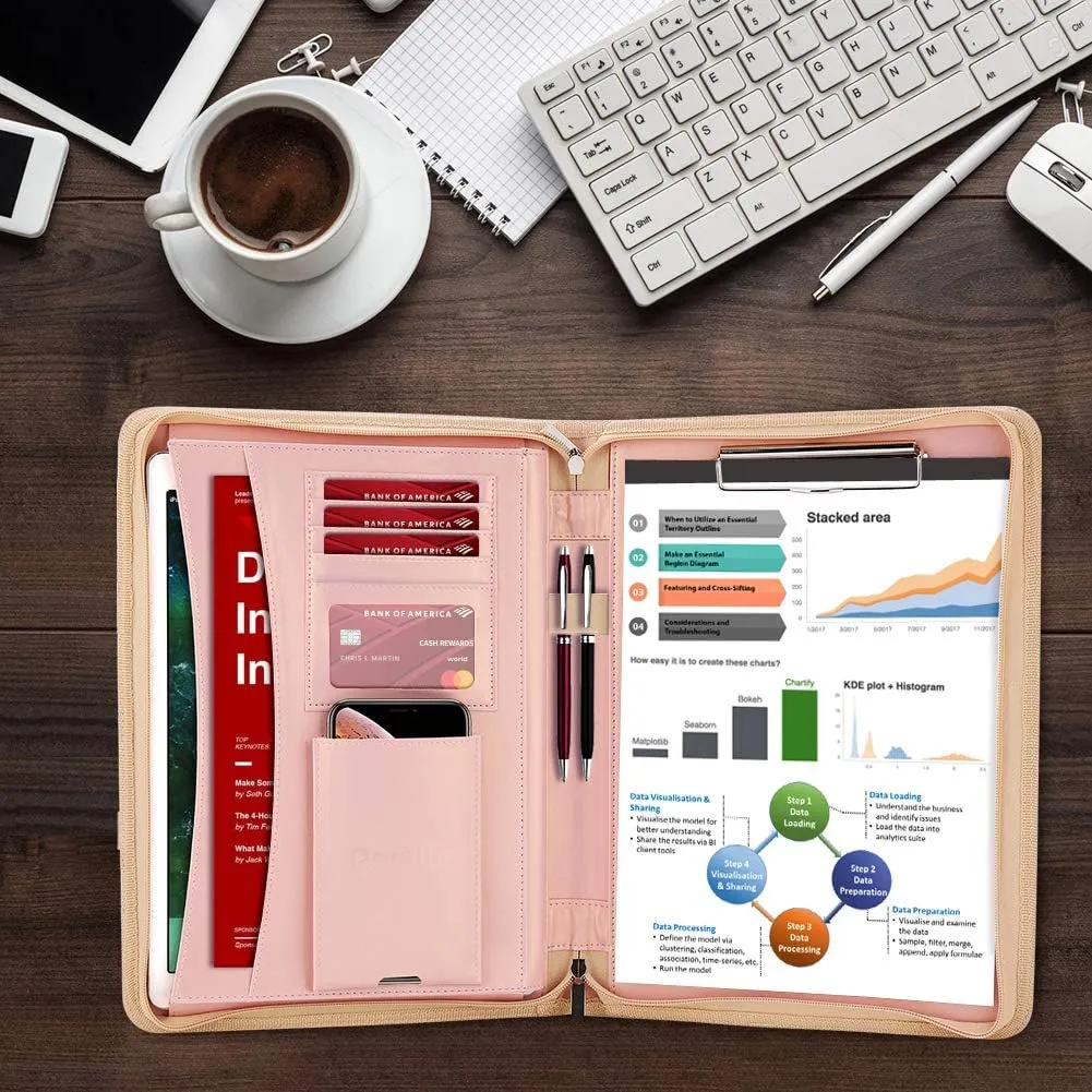 Darolin Zippered Leather Padfolio Portfolio with Hidden Handle and Clipboard, Business Conference Organizer Notepad Folder, Portfolio Bag, Padfolio for Women/Men (Rosegold)