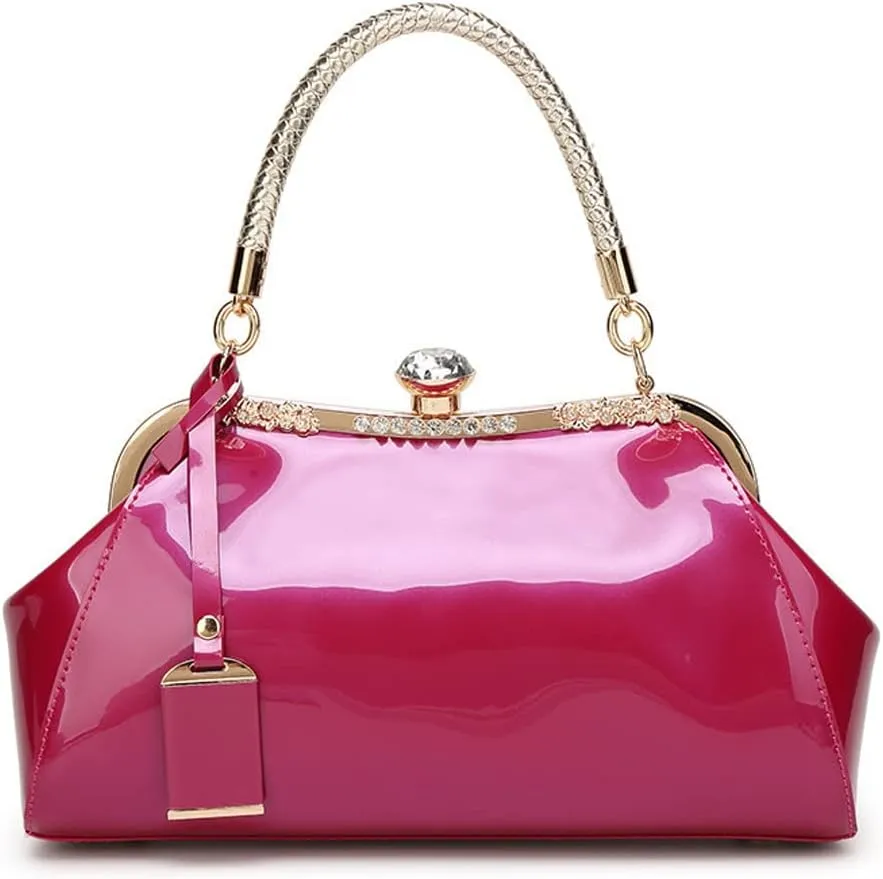Dayfine Handbags for Women Glossy Patent Leather Top Handle Purse Crystal Buckle Satchel Bag Evening Tote Bags Shoulder Bag
